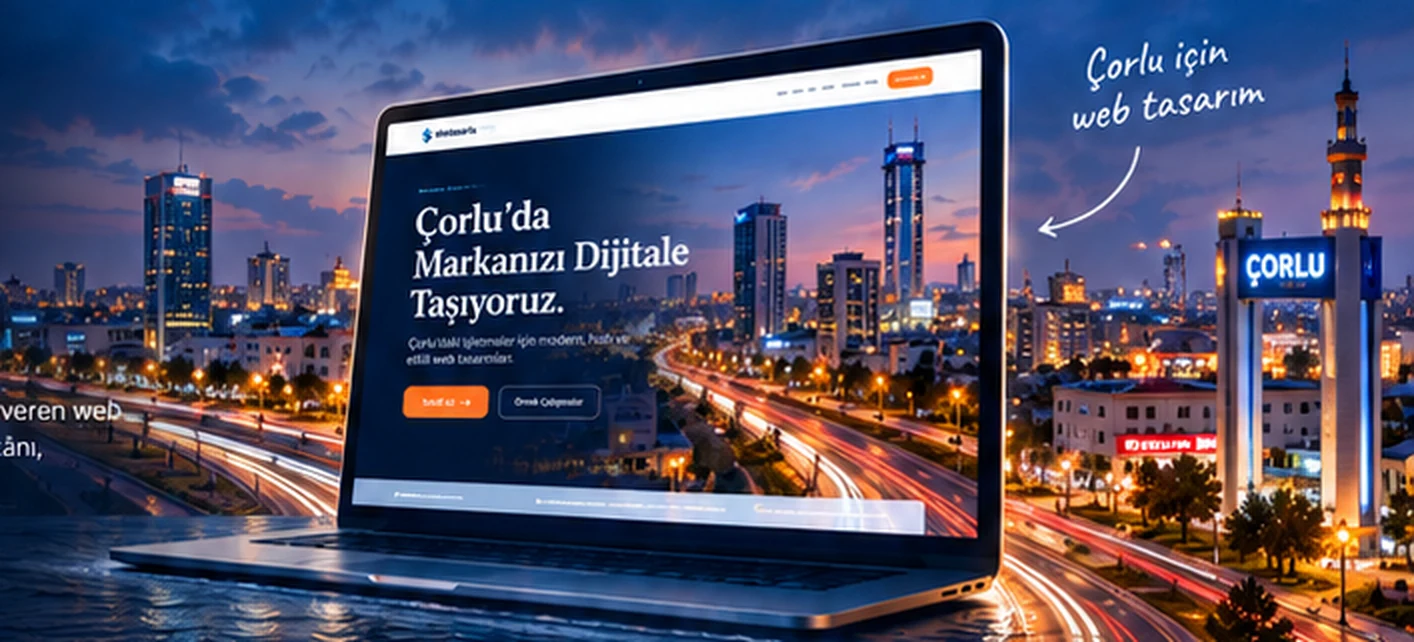 Çorlu için web tasarım konseptinde şehir ve bilgisayar görseli