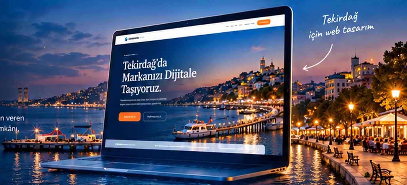 Tekirdağ için web tasarım konseptinde şehir ve bilgisayar görseli