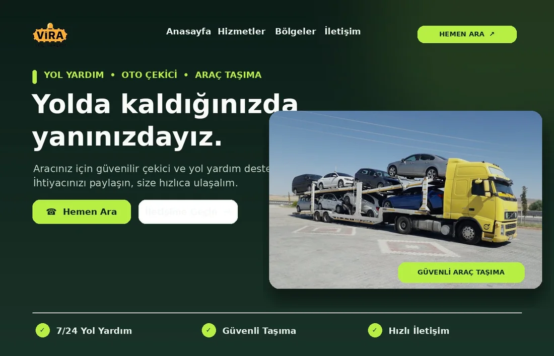 Vira Yol Yardım oto çekici ve araç taşıma sitesi önizlemesi
