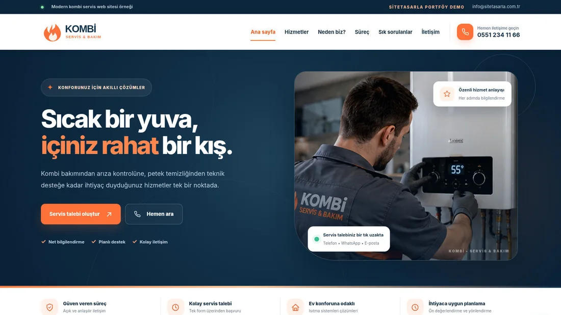 Kombi servis ve bakım sitesi gerçek ana sayfa önizlemesi