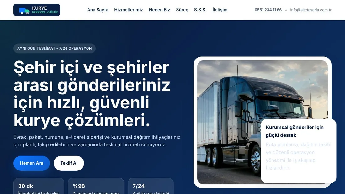 Kurye V1 ekspres kurye ve lojistik sitesinin gerçek ana sayfa önizlemesi