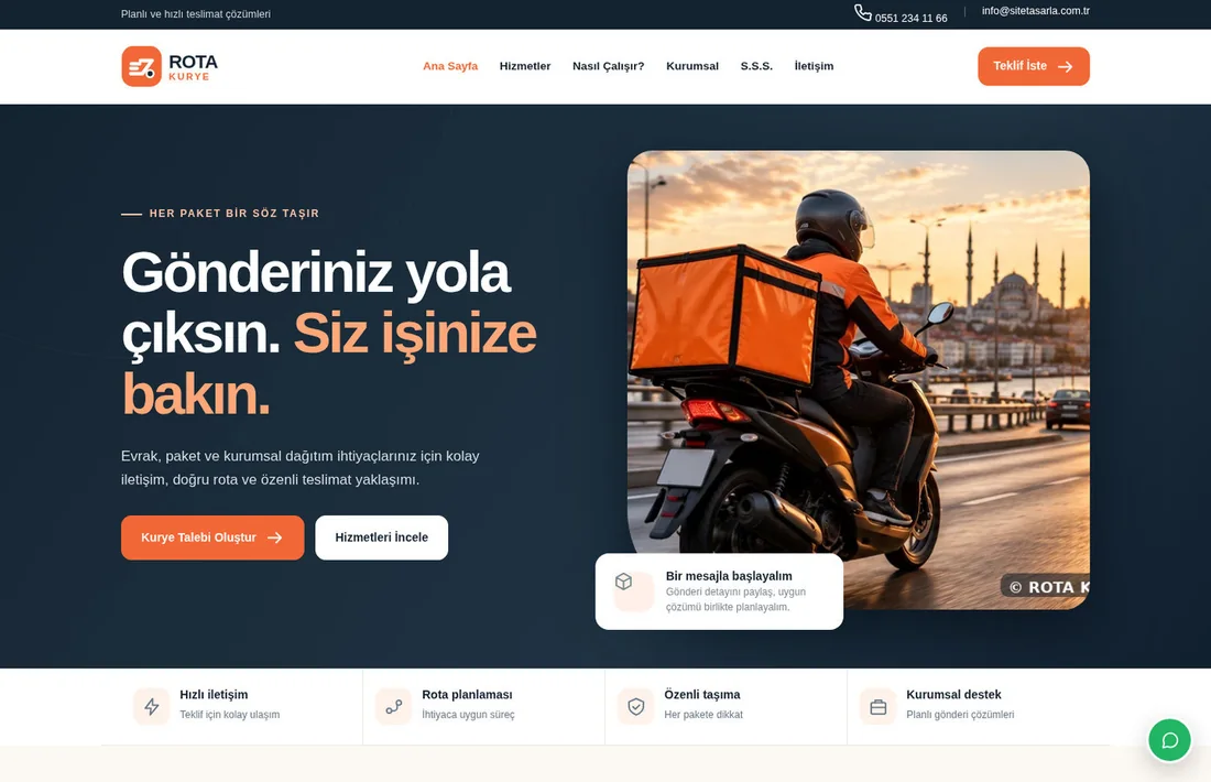 Kurye V2 — ROTA KURYE ana sayfasının gerçek masaüstü önizlemesi