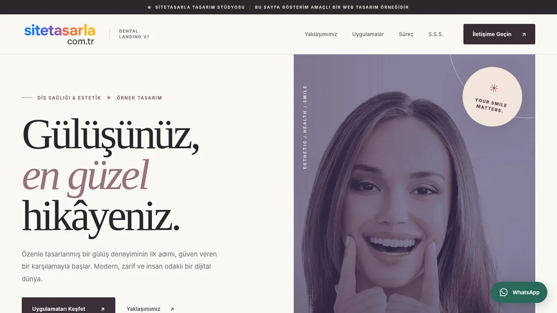 Landing V1 diş kliniği demo sitesinin gerçek ana sayfa önizlemesi
