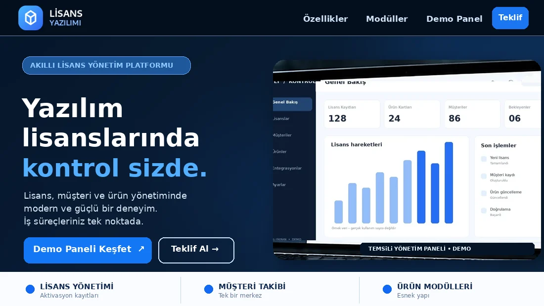 Lisans Yazılımı web sitesi ve yönetim paneli tanıtımı önizlemesi