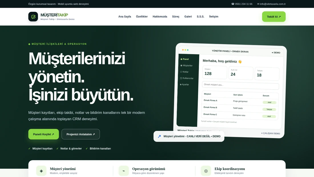 Müşteri Takip modern CRM sitesi; yeşil tonlu ana sayfa ve örnek müşteri yönetim paneli