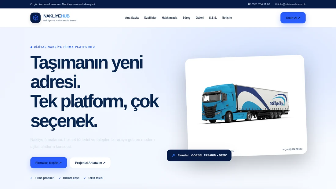 Nakliye V2 — NakliyeHUB dijital nakliye platformu ve kamyon görselli ana sayfa önizlemesi