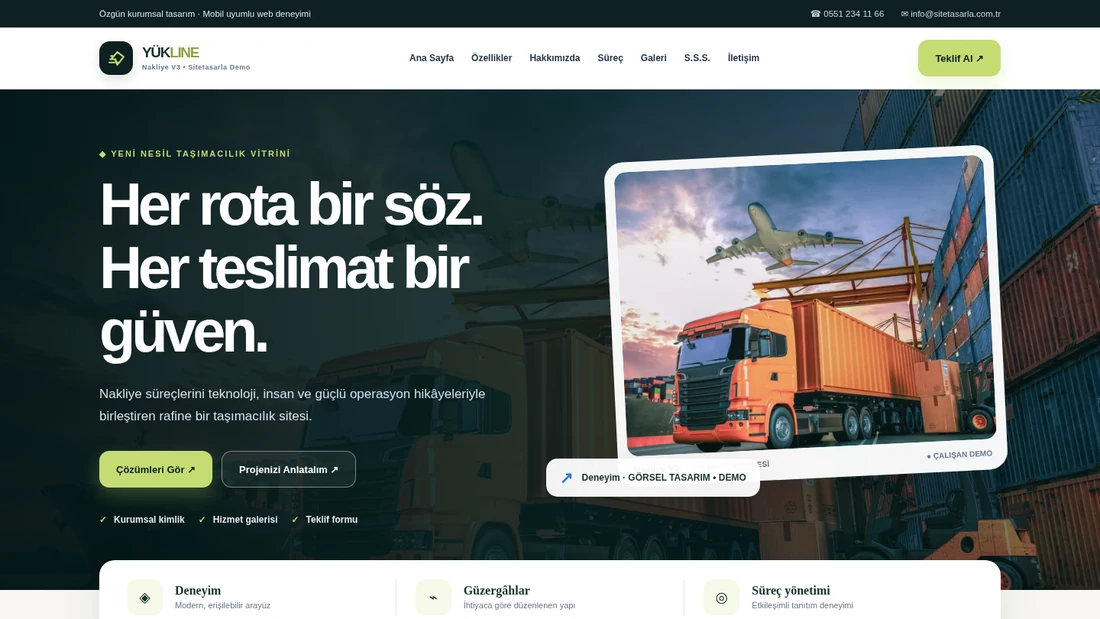 Nakliye V3 Yükline kurumsal taşımacılık sitesi; konteyner kamyonu ve hava taşımacılığı görseli
