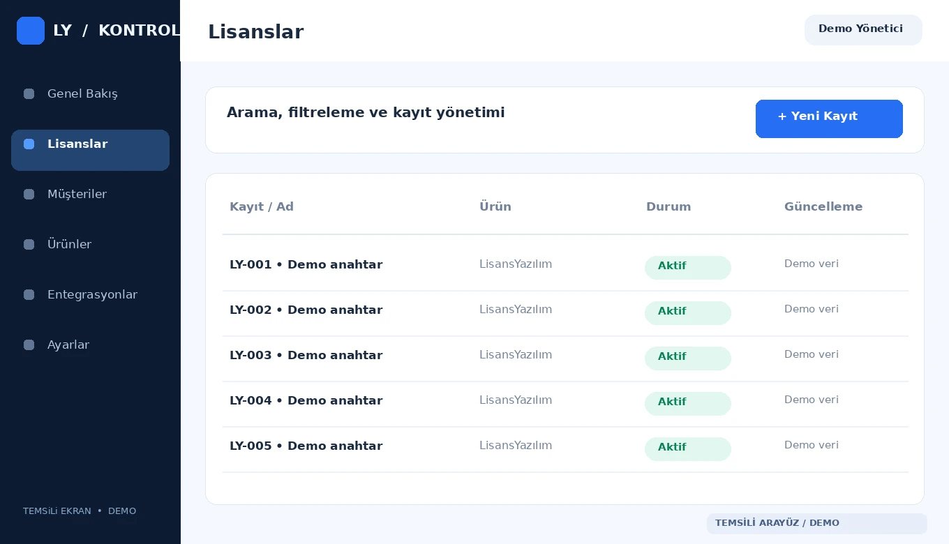 Lisans kayıtları temsili ekran görüntüsü