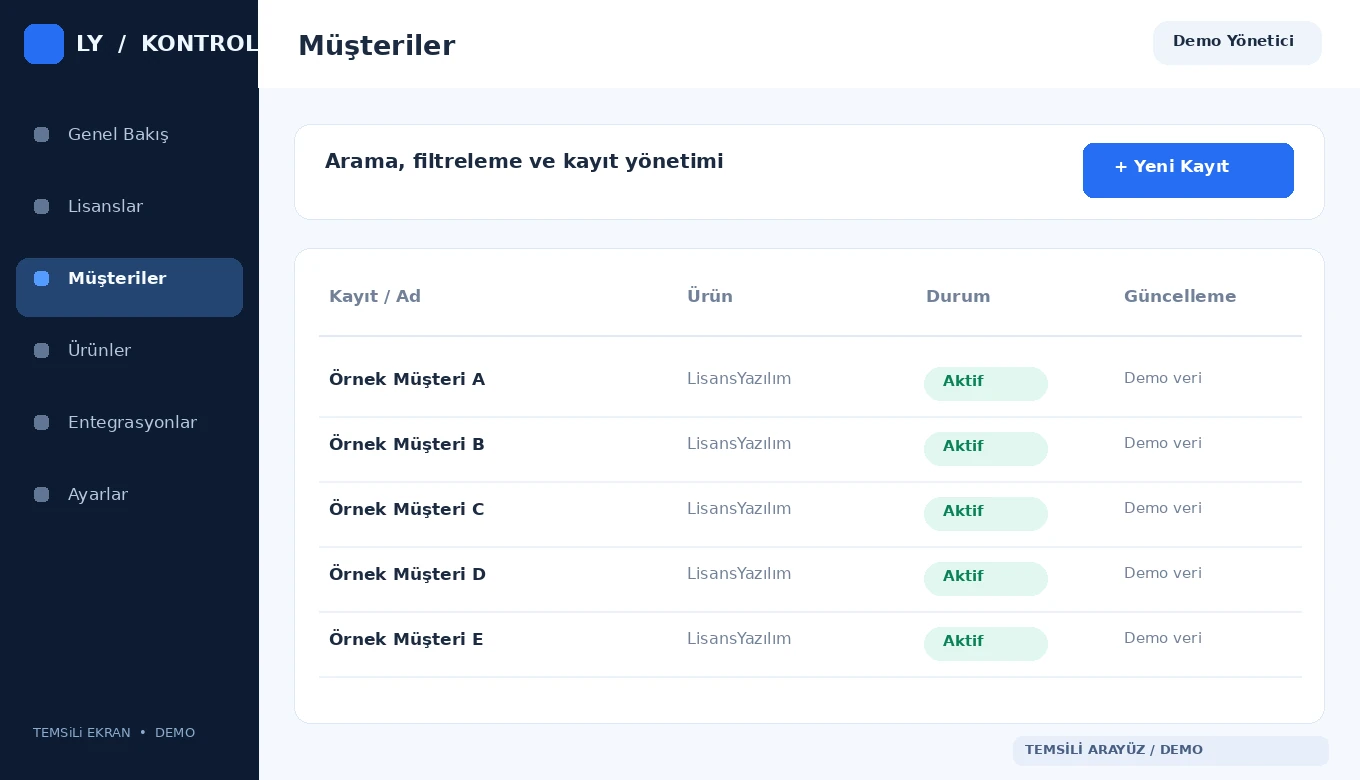Müşteri kayıtları temsili ekran görüntüsü